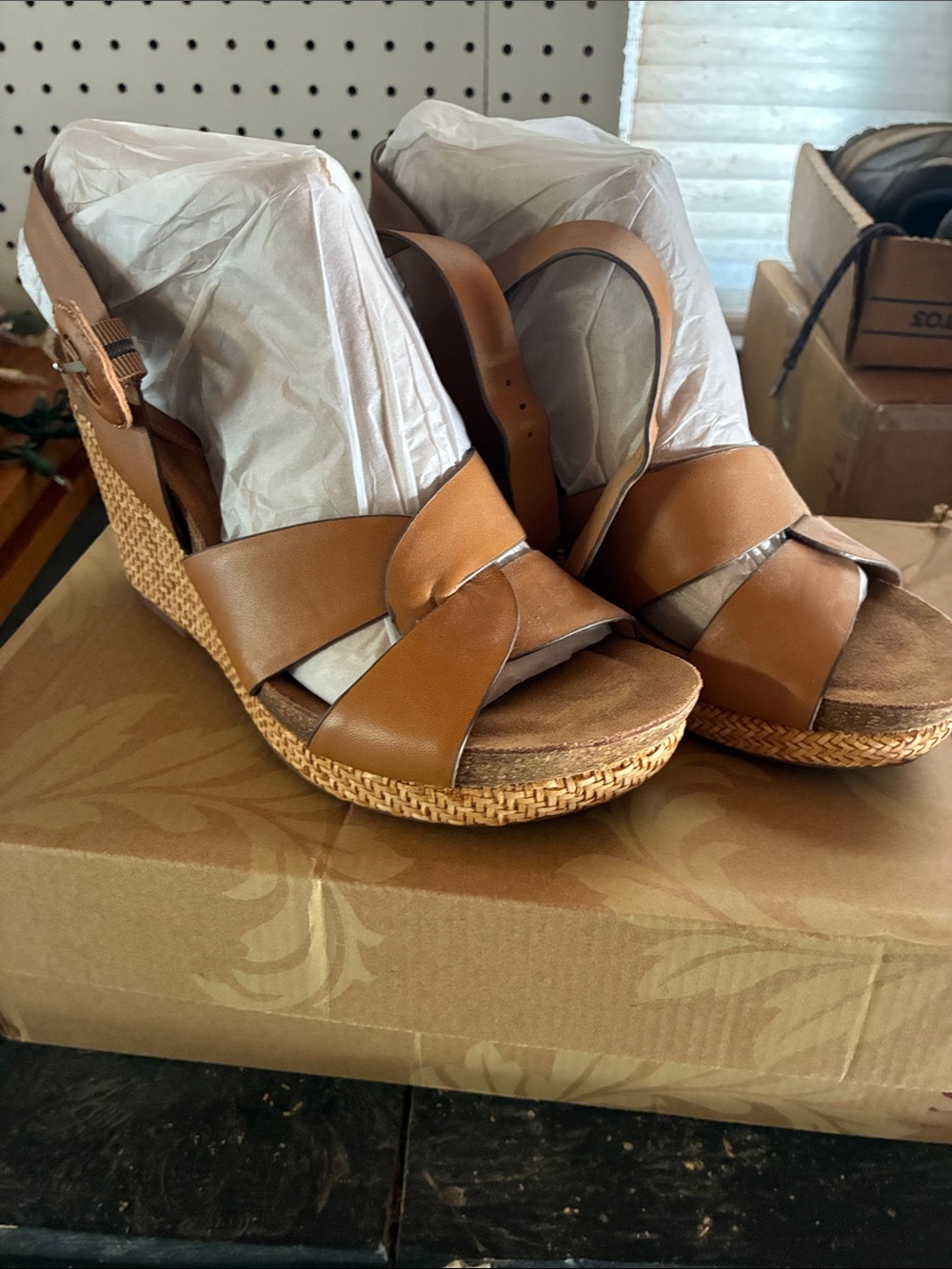 Never worn Women’s Sofft Wedge Sandals in Tan - still in box